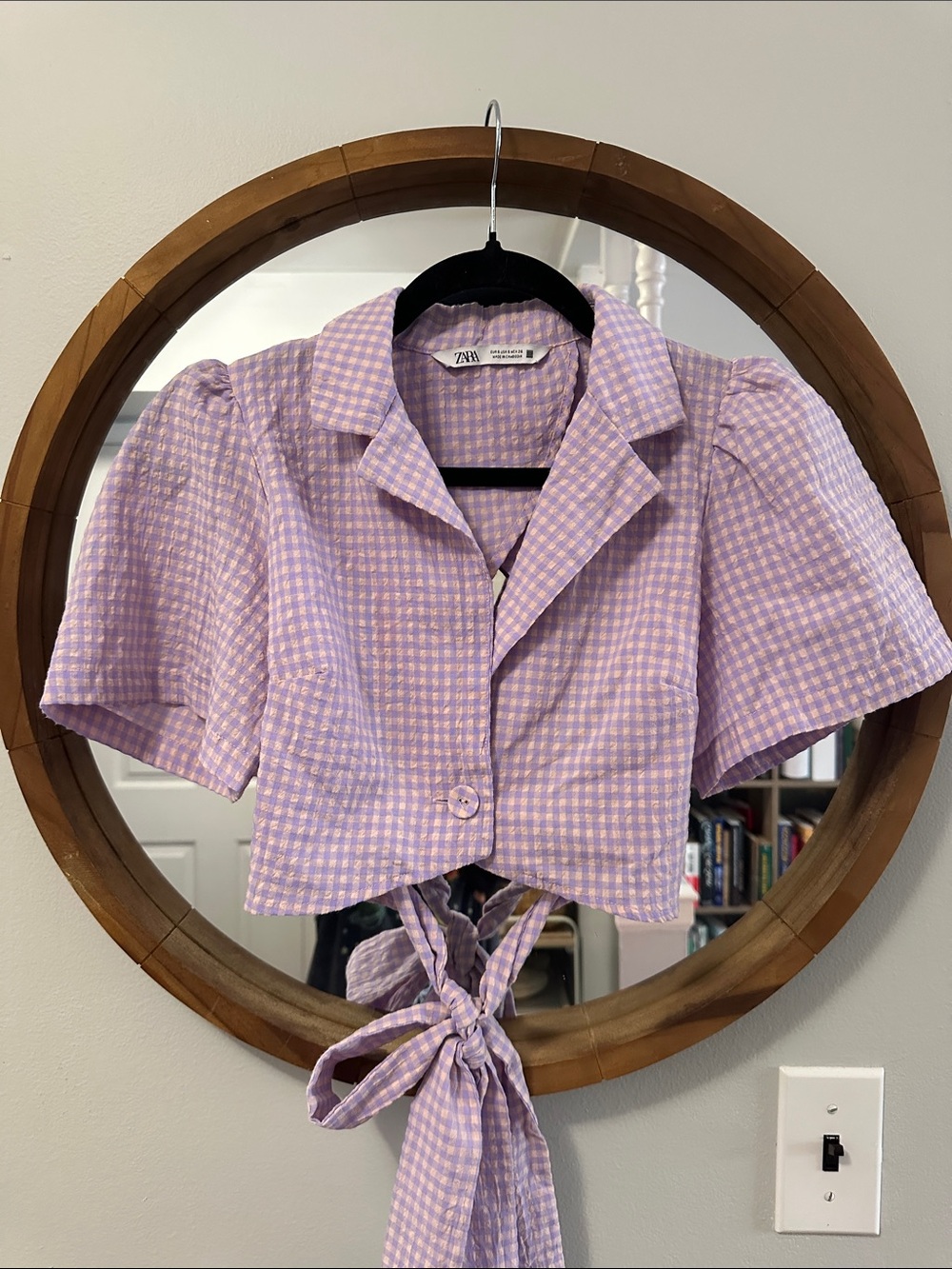 Zara Lavender Gingham Tie-Back Crop Blouse,m